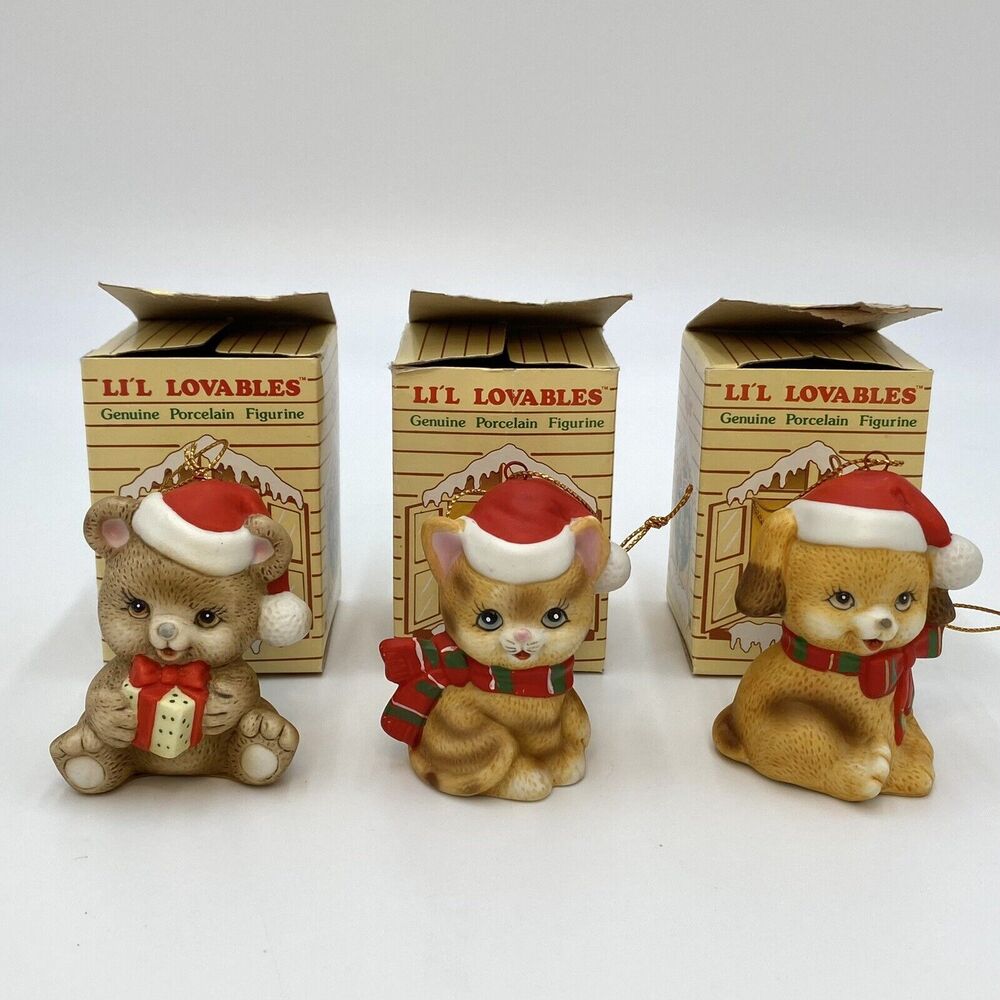 3 Russ Berrie Li'l Lovables Mini Porcelain Figurine Christmas Ornaments Cat Bear